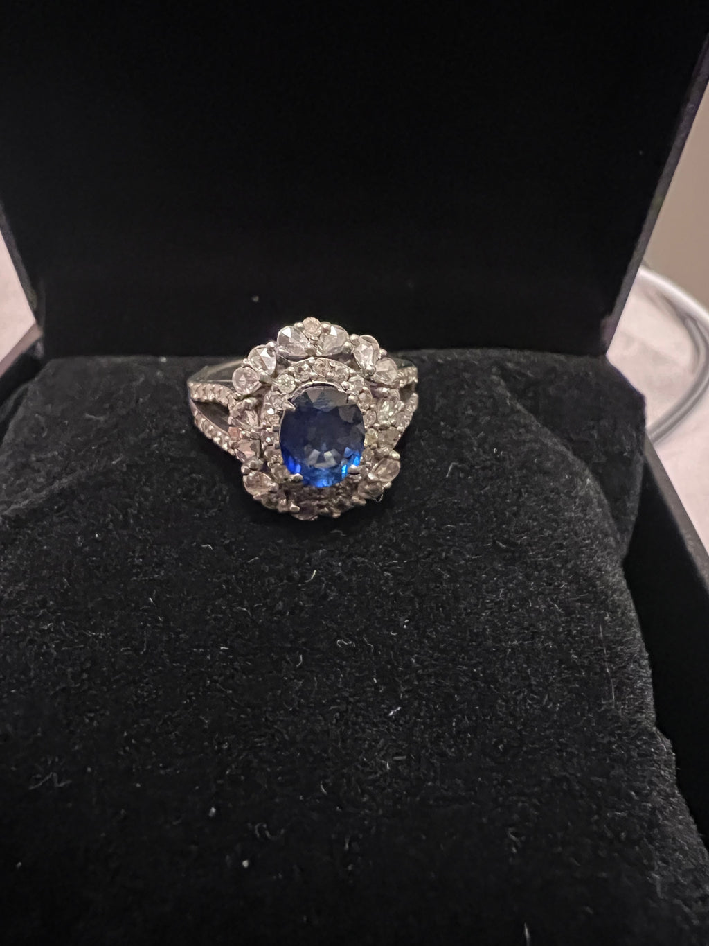 Blue Sapphire and Diamonds Ring in Silver