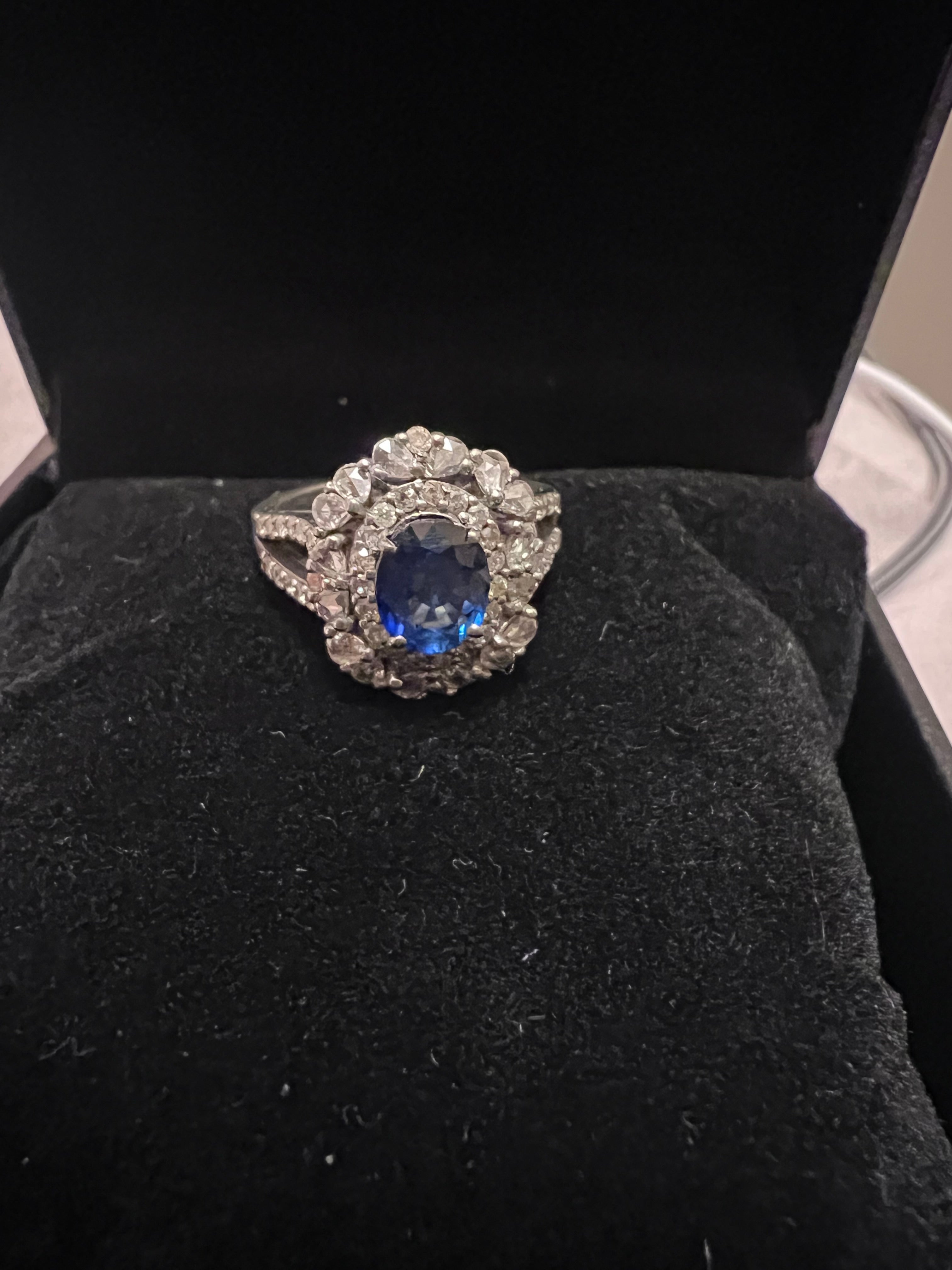 Blue Sapphire and Diamonds Ring in Silver