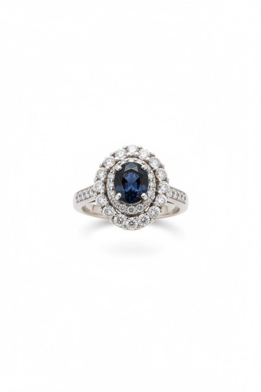 Blue Sapphire and Diamonds Ring in Silver